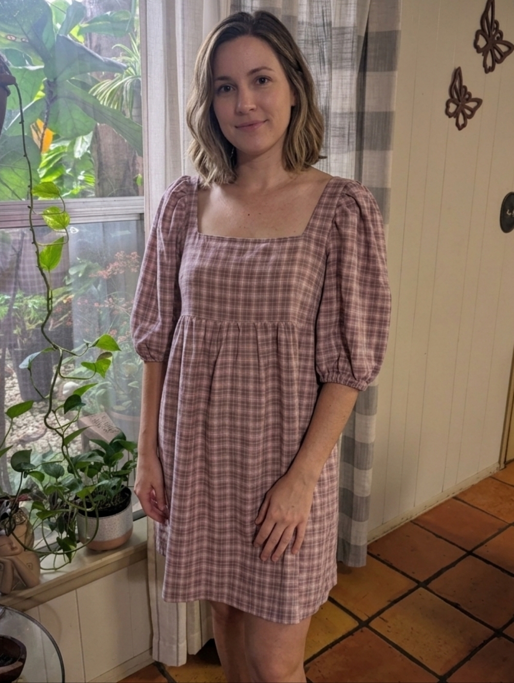 Lumiere Plaid Puff Sleeve Baby Doll Dress.